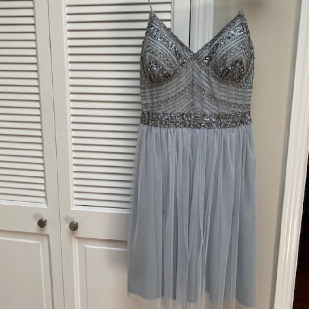 New Marina 8 Beaded Bodice Tulle Dress Fit Flare Knee Length Blue Cocktail